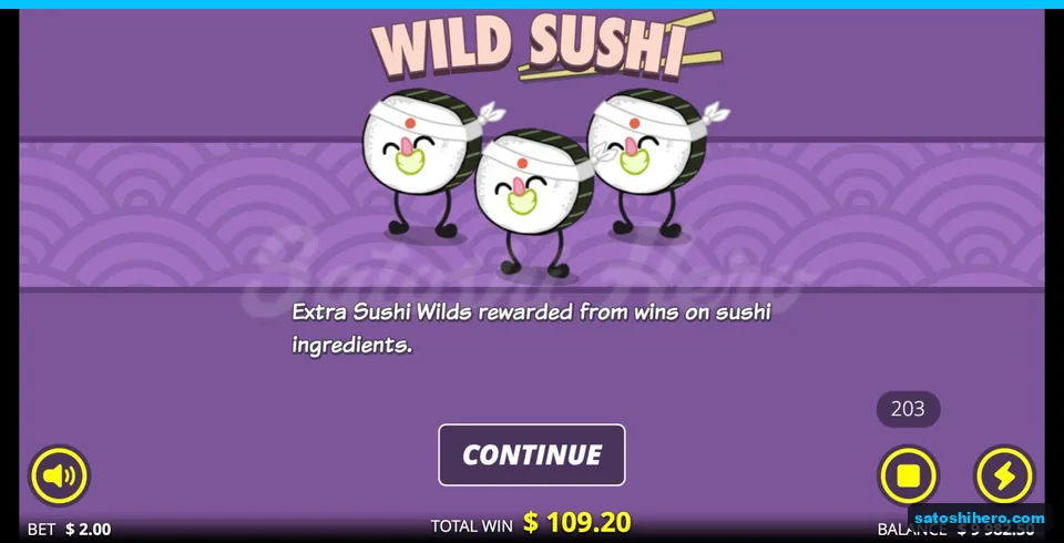 Wild Sushi intro sign with continue button