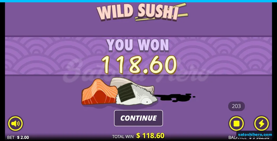 Wild Sushi result screen showing 118.60