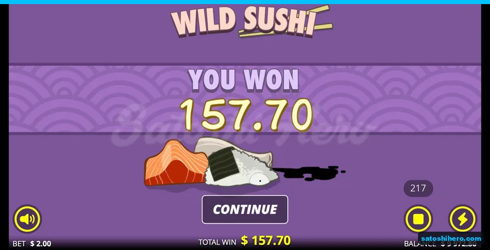 Wild Sushi result screen showing 157.70