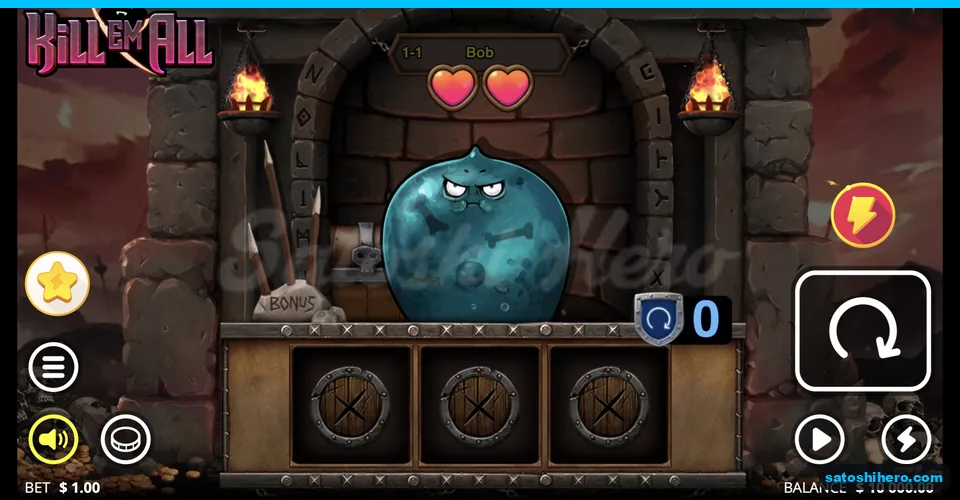 Blue slime waits above shield reels