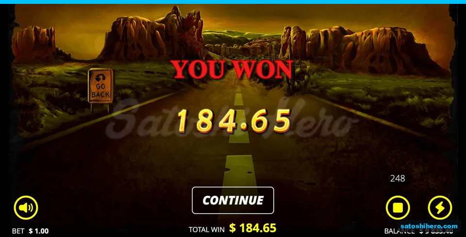 YOU WON screen shows 184.65 total