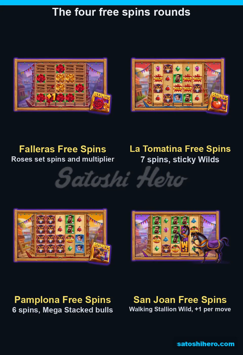 Four free spin cards line the menu