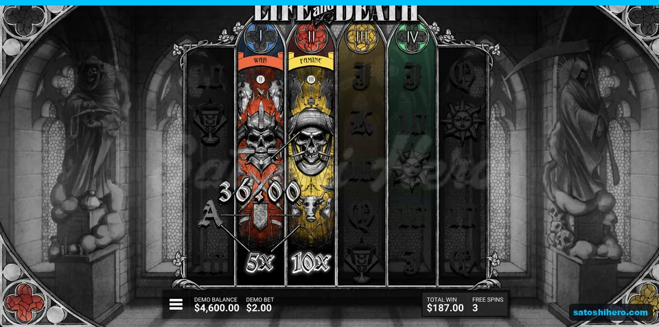 Activated reels show War and Famine wilds