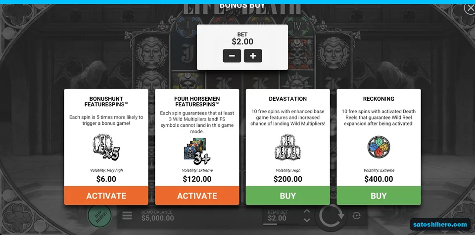 Buy menu shows four feature prices