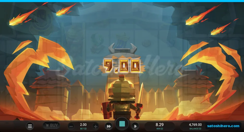 Legionary stands before burning fort with nine dollar total