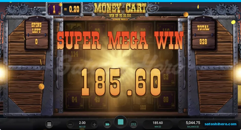 Super Mega Win screen showing $185.60