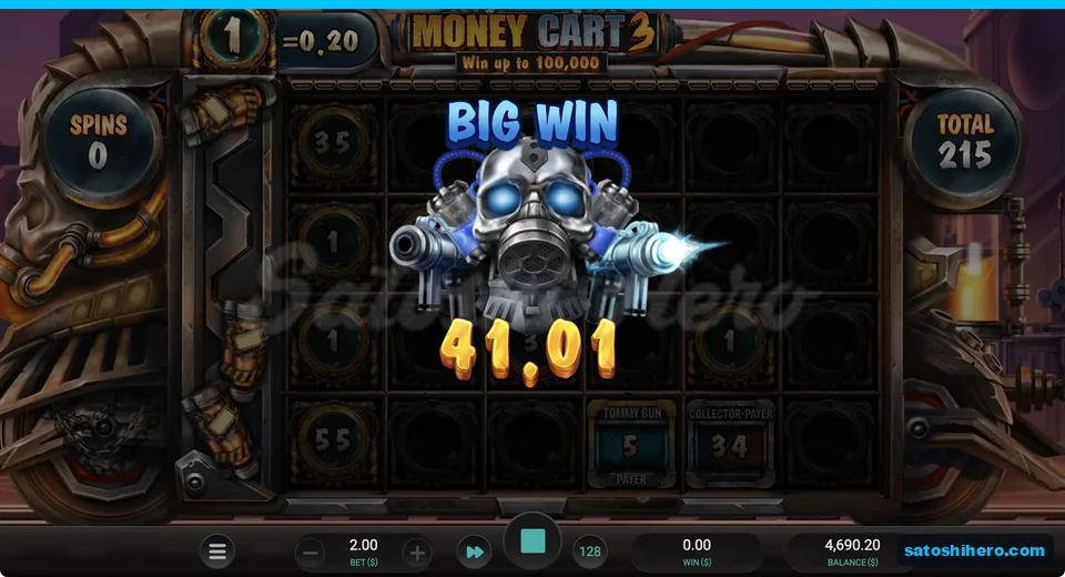 Big Win banner counts up over a 215-coin total