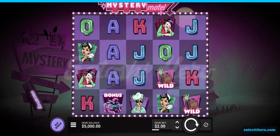 Neon motel grid with guests and suitcase Wilds