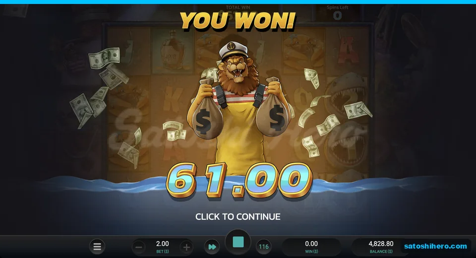 You Won card displays $61.00 result