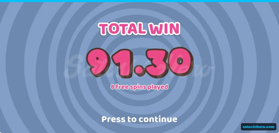 Free spins summary showing $91.30 payout