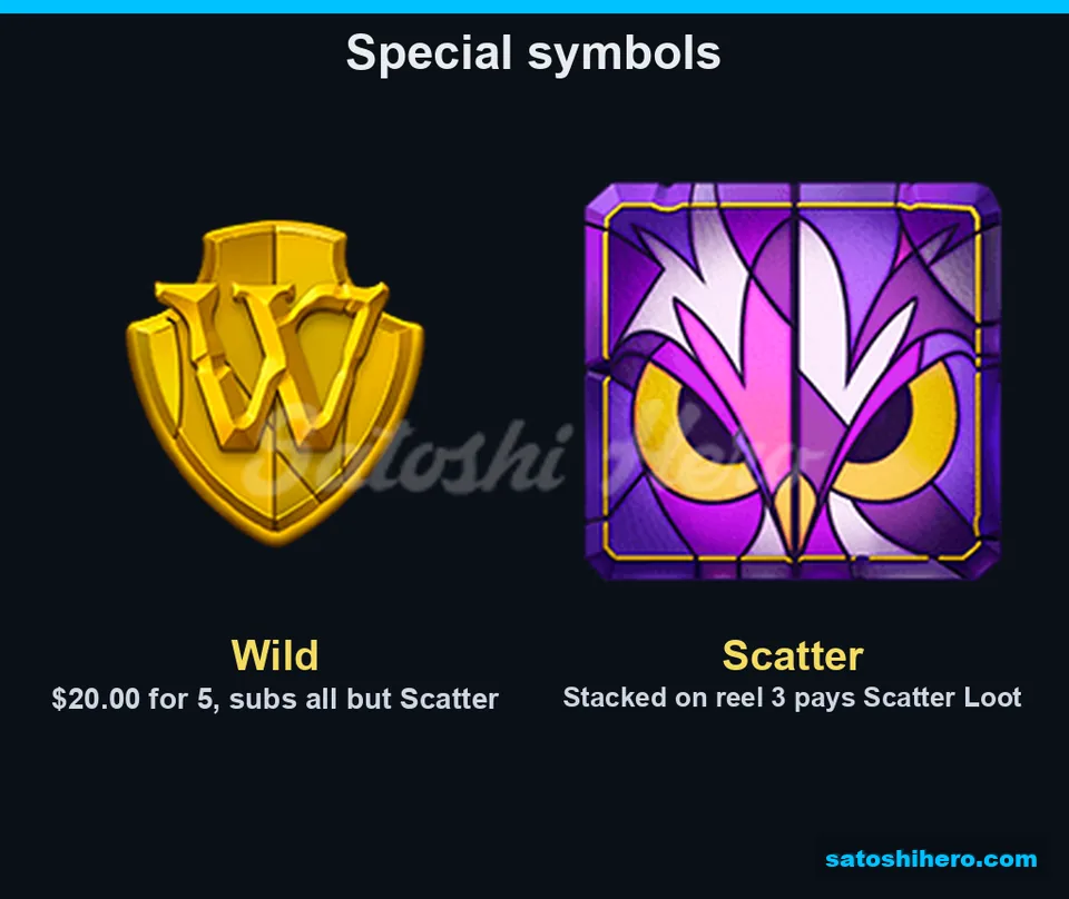 Wild shield and purple Scatter symbol panel