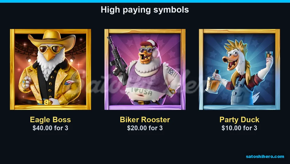 Character symbols show three top payouts