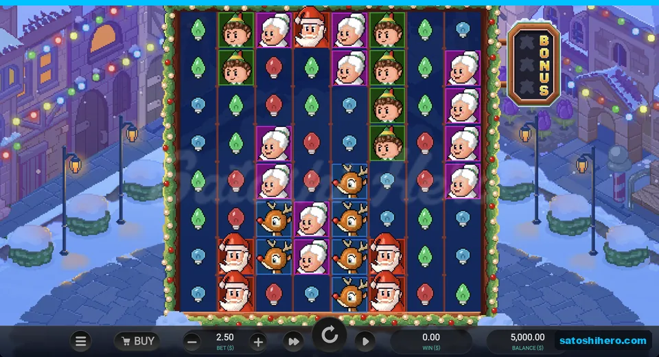 Pixel grid sits in a snowy town square