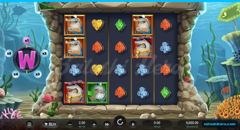 Stone-framed sea-floor grid with shark symbols