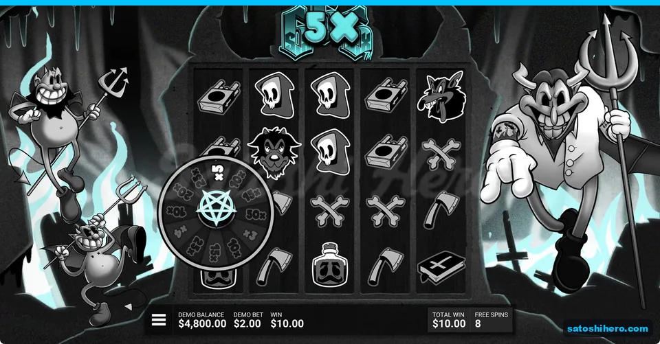 Blue wheel on reel one with eight spins left