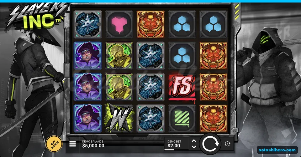 Hooded assassins flank neon symbol grid