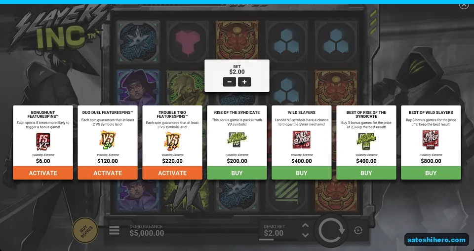Bonus buy menu shows seven paid options