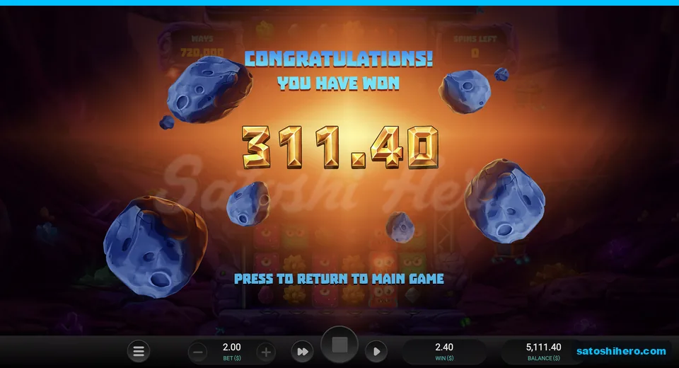 Win screen shows 311.40 payout