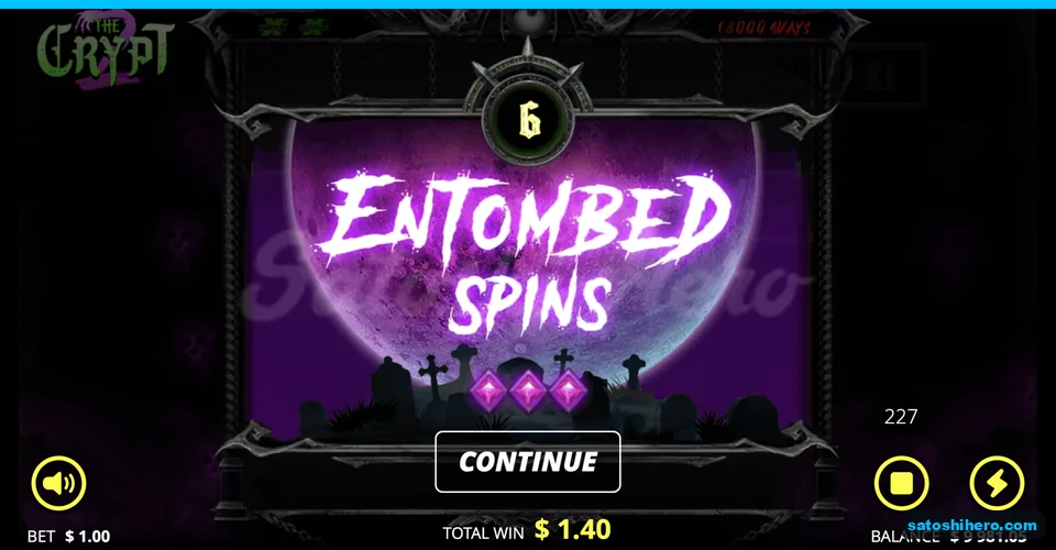 Entombed Spins award banner shows six spins