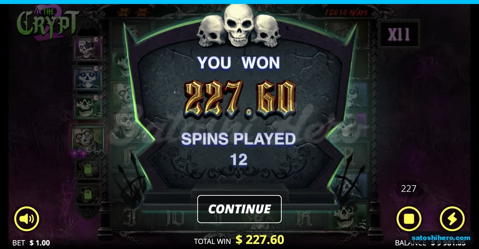 Tombstone win screen shows 227.60 total