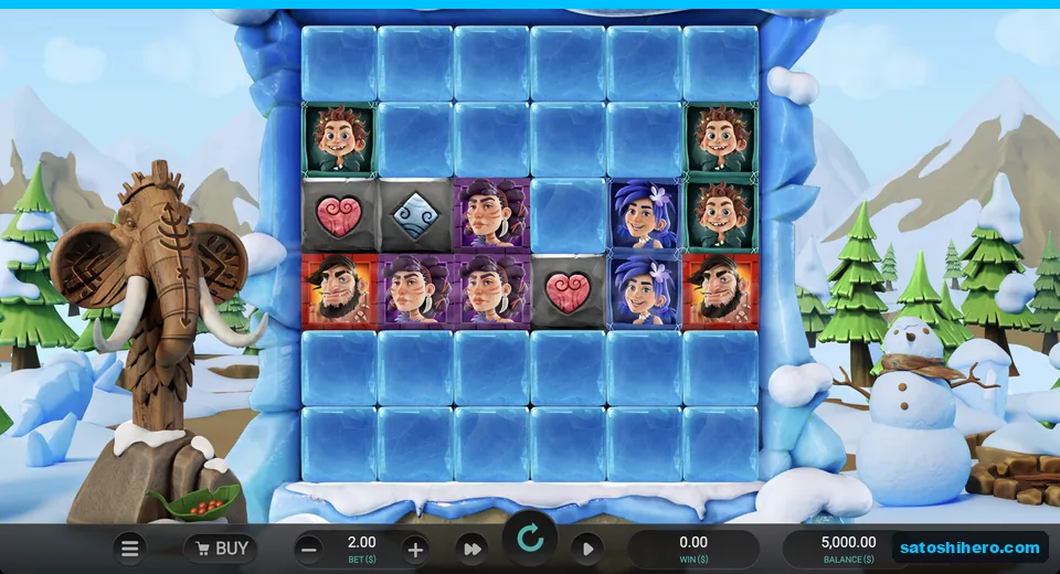 Snowy grid beside mammoth totem and snowman