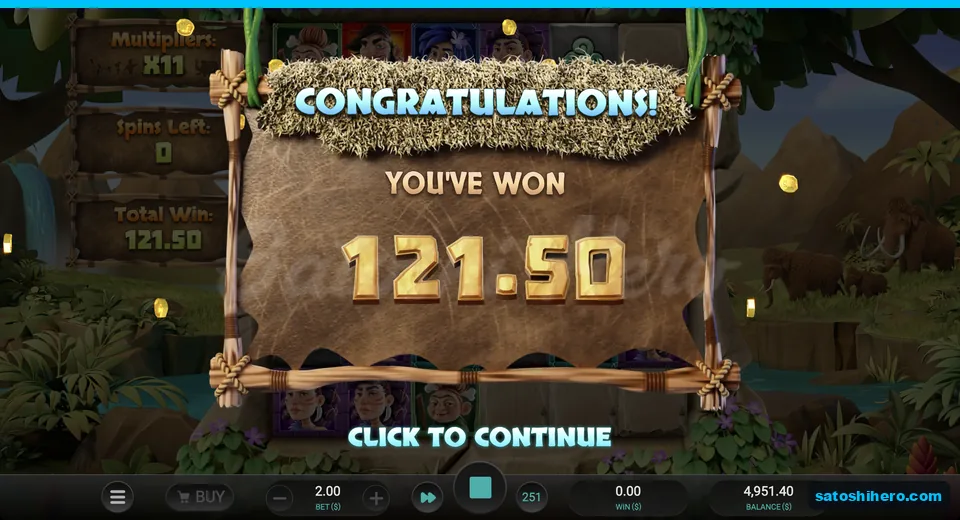 Win screen shows $121.50 Free Spins result