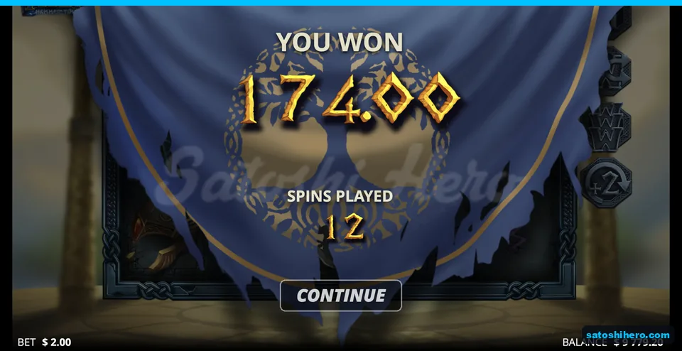 Win panel shows $174.00 after 12 spins