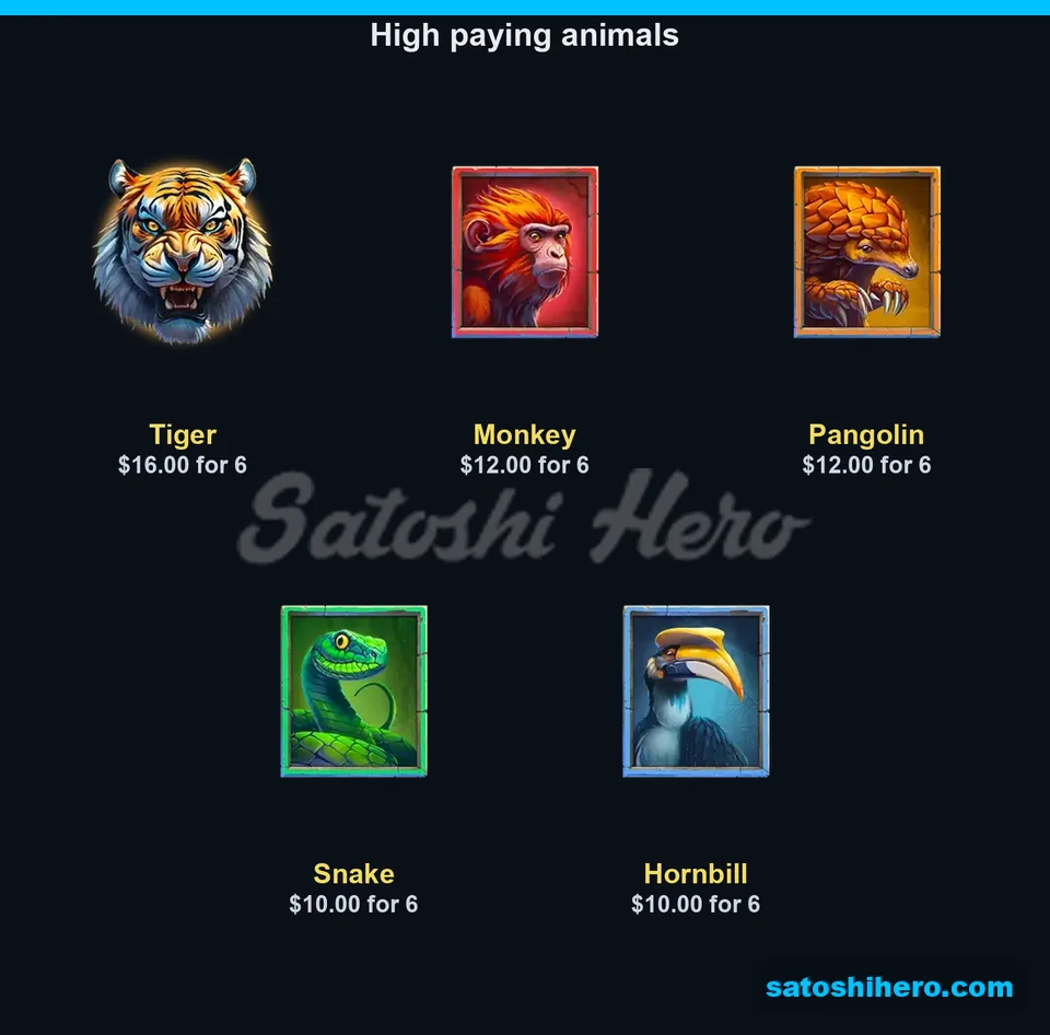 Animal symbols show six-symbol pay values