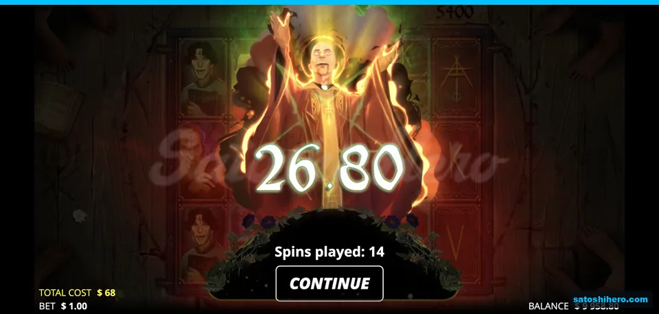 End screen shows $26.80 after 14 spins