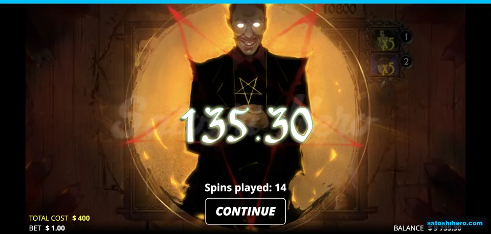 Burning pentagram end screen shows $135.30