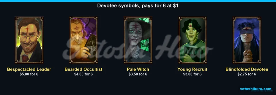 Devotee cards list six-symbol payout values