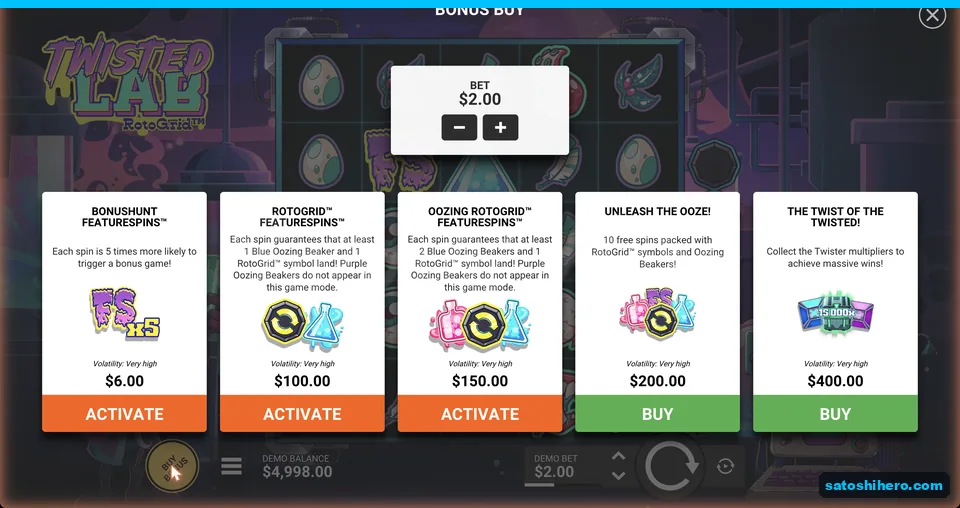 Bonus buy menu lists five paid options