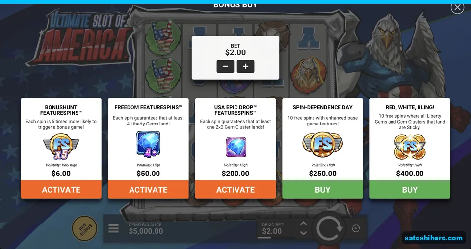 Bonus buy menu shows five priced feature choices