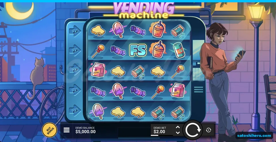 Glowing snack shelves beside phone-scrolling girl