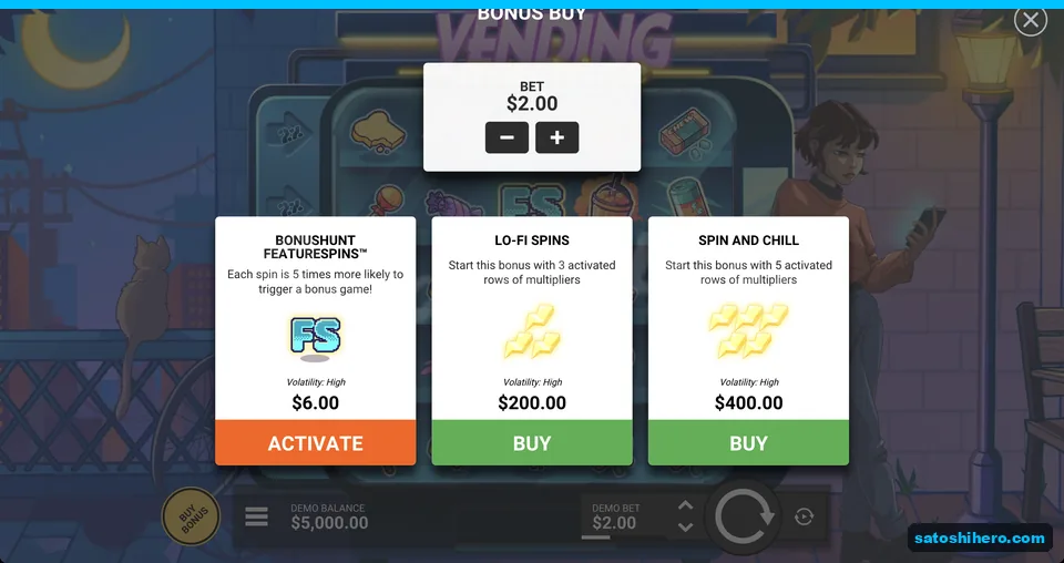 Bonus buy menu shows three feature prices