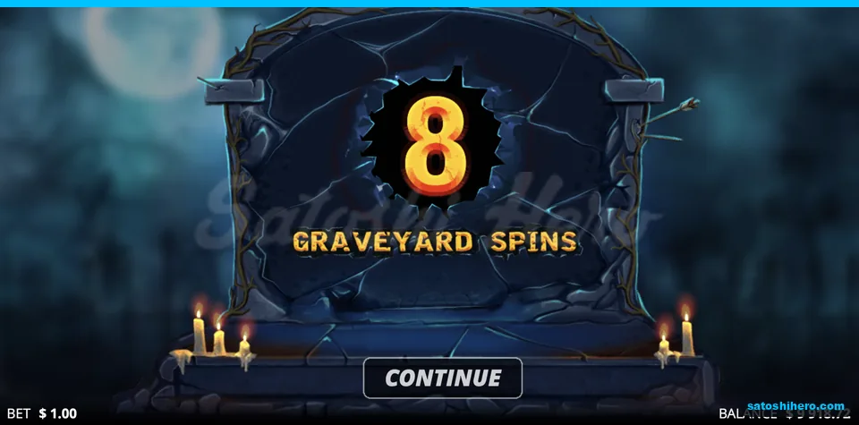 Cracked headstone awarding 8 Graveyard Spins