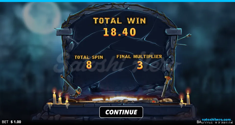 Tombstone result panel showing 18.40 from 8 spins