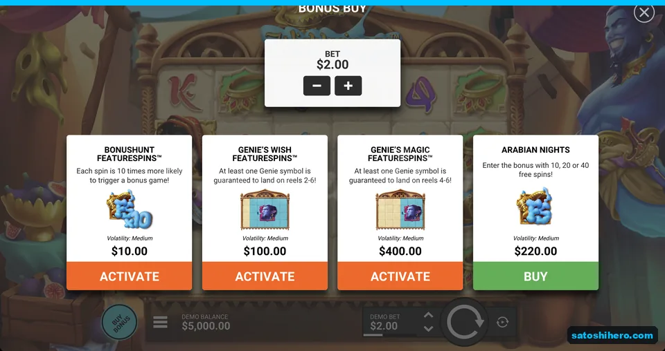 Bonus Buy menu lists four prices