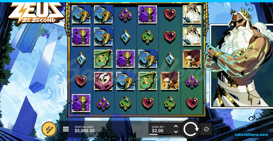 Gold-laurel grid with Zeus leaning beside reels