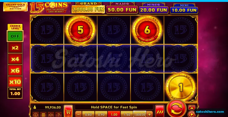 Board showing sticky red coins and four jackpot plaques