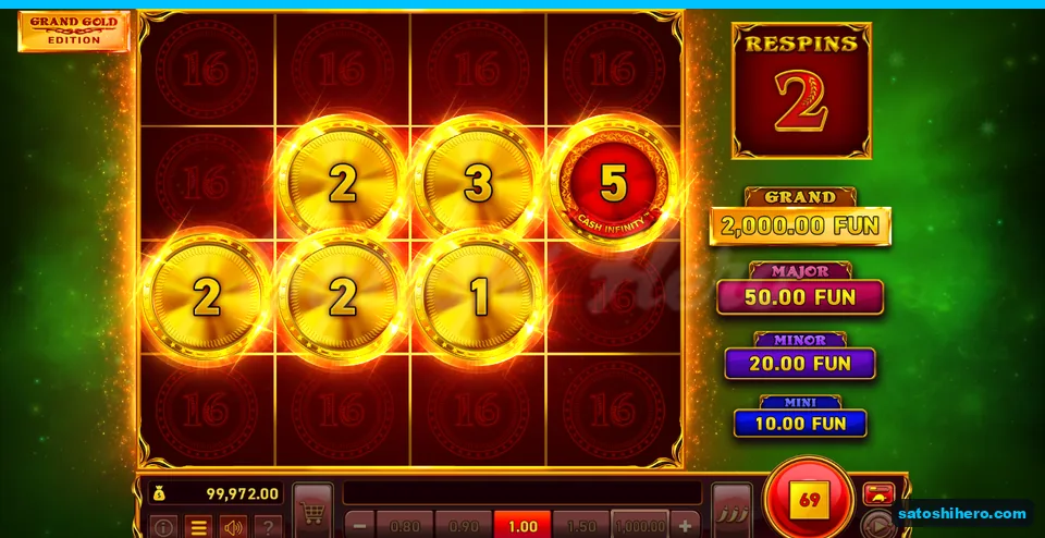 Board with six locked coins and two respins remaining