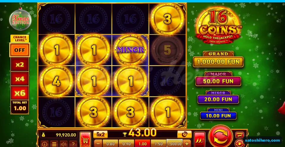 Board filled with locked coins and $43.00 win box