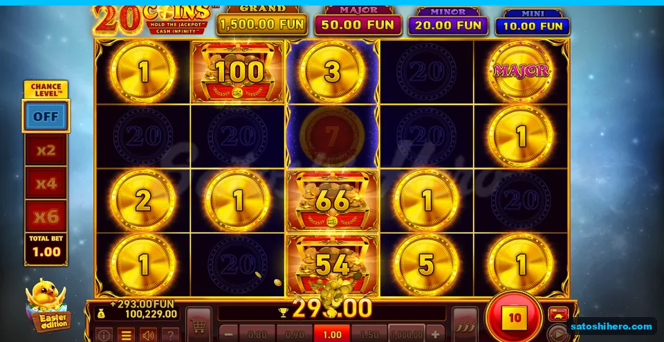 Board showing lit coins, treasure chests and $293.00 win