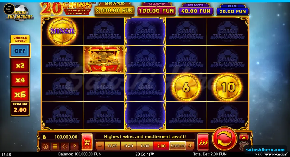 Board before play with jackpot plaques and numbered coins