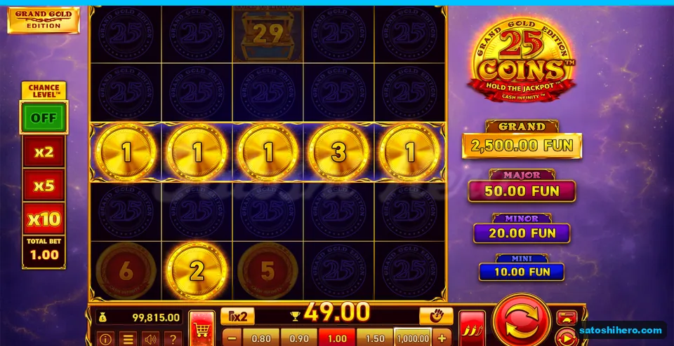 Board settled with five gold coins and $49.00 win