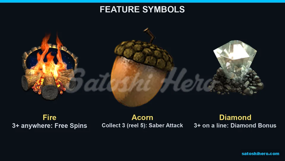 Fire acorn and diamond feature symbols