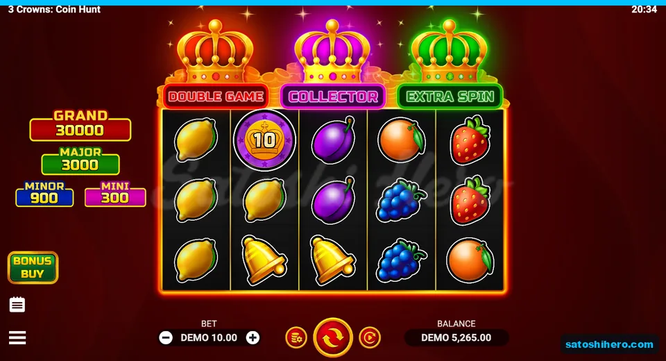 Purple Bonus coin marked 10 on settled fruit board