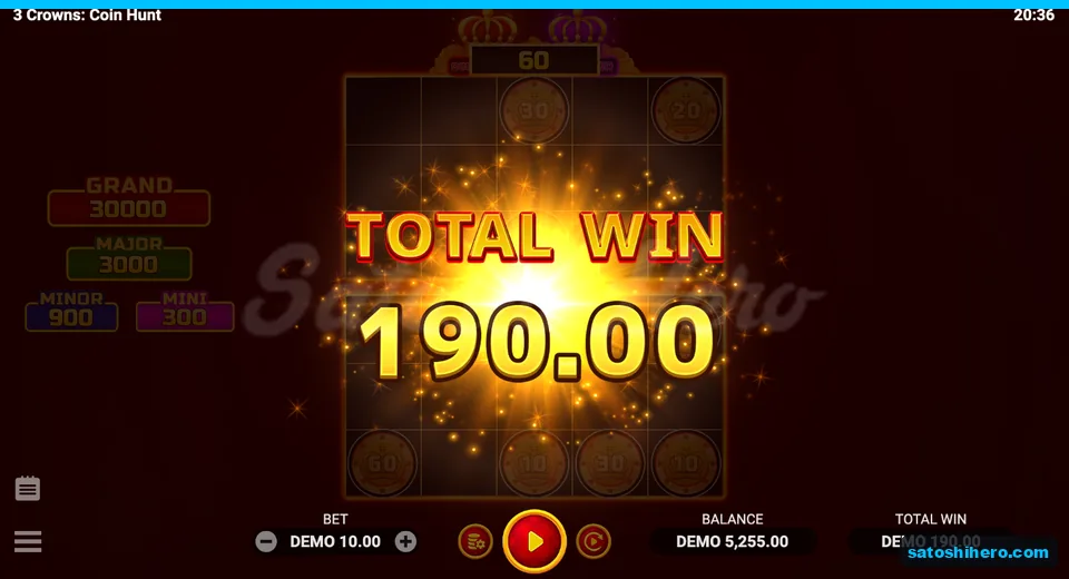 190.00 DEMO total win displayed over two coin fields