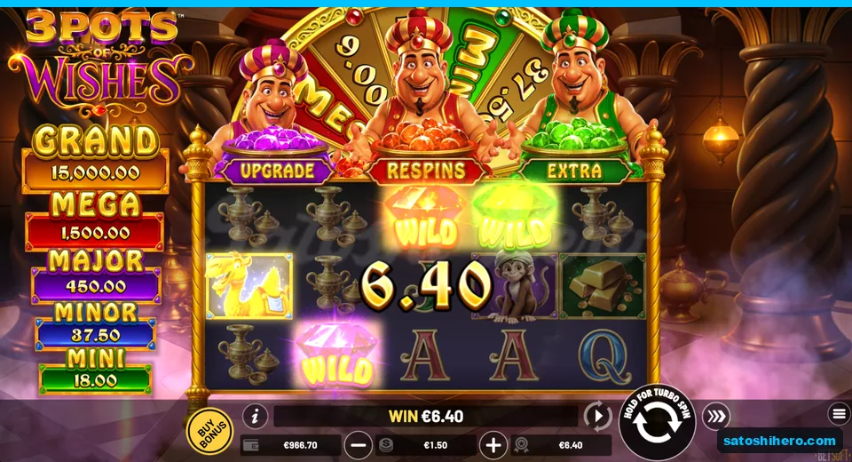 $6.40 win shown with three glowing Wild gems