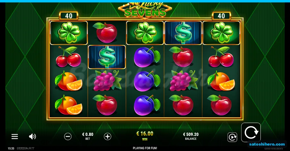 $16.00 win displayed above clovers and dollar symbols